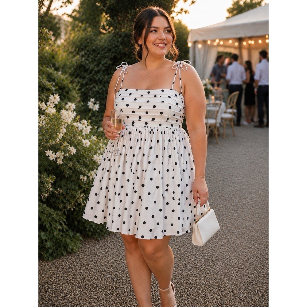 ASOS DESIGN Cotton Poplin Tie Strap Babydoll Mini Dress White Black Polka Dot 12